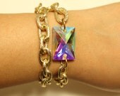 Double Wrap Small Gold Textured Chain with Aurora Borealis Crystal Stone Bracelet