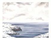 Original Watercolor Seascape, Nautical Fine Art, Winter Ocean, Cloudy Sky, Rocky Coast, Blue Gray, Grey, Winter Sea Watercolor 8" X 10"