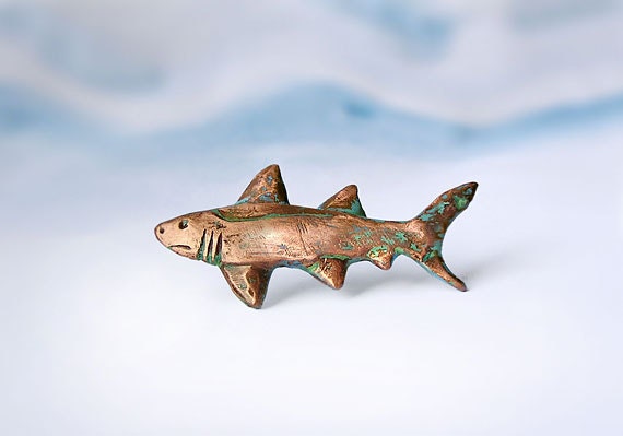 Brooch Shark, copper, handmade nautical jewelry, shabby chic, fish