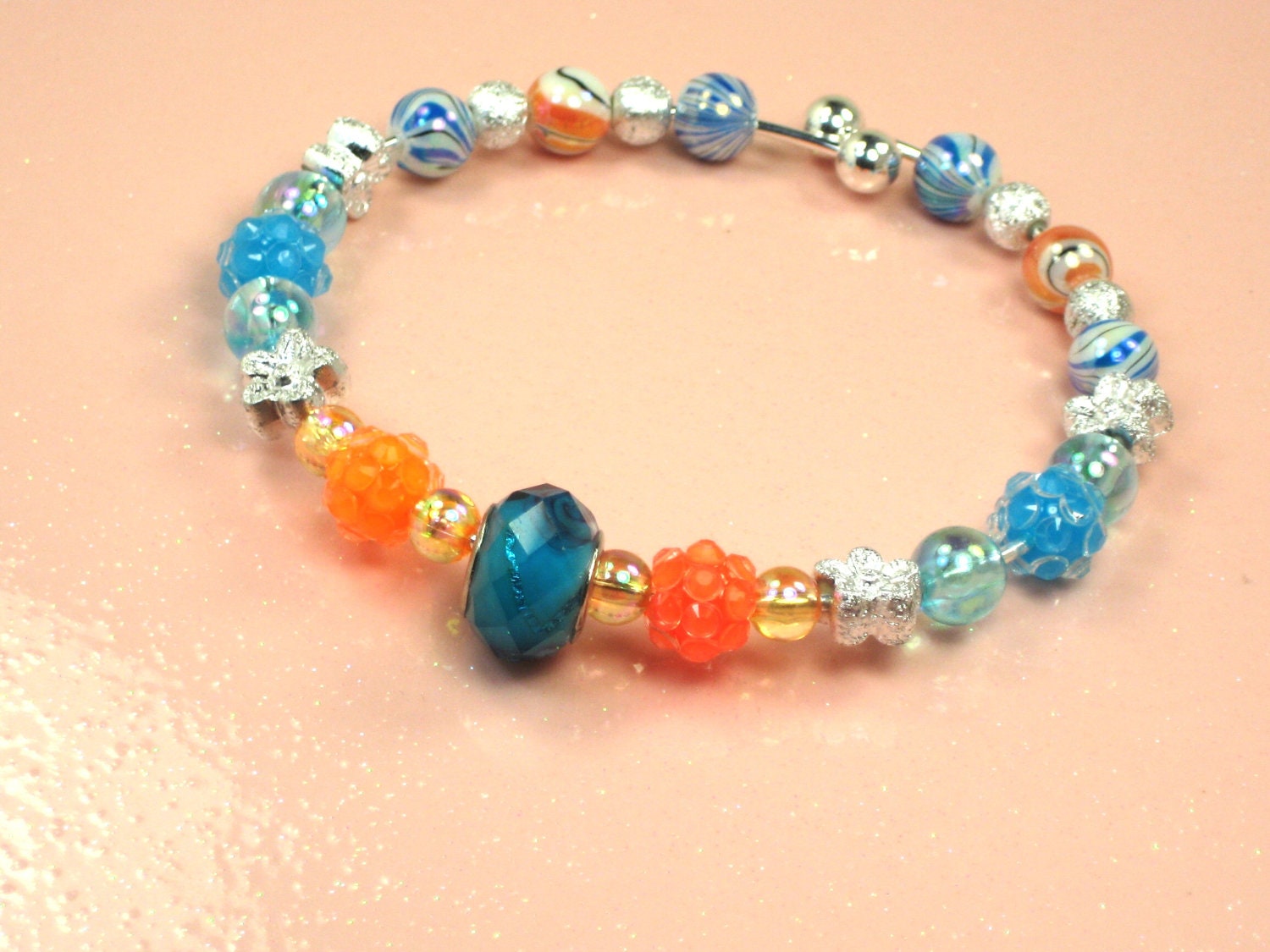 Blue and Orange Bangle Bracelet Silver Shiny Bangle Blue Flash Beads Lampwork Beads Bangle Orange Shamballa Beads Flower Beads Silver Bangle