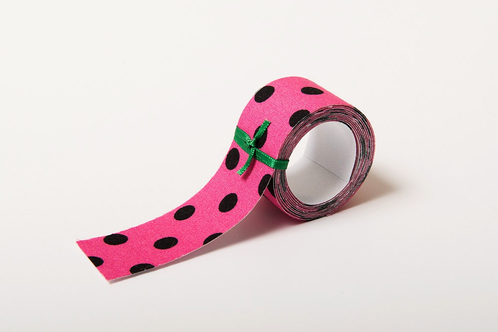 Sticky Adhesive Fabric Tape, Japanese Washi Tape - Pink with Black Spots