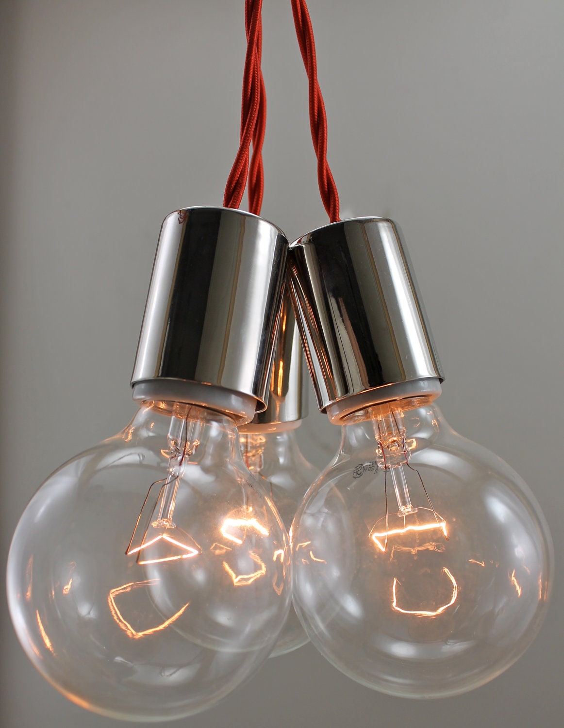 Contemporary Three Bulb Cluster Chandelier Lighting-- 3 Bare Edison Exposed Filament Modern Triple Hanging Ceiling Red Lamp or Light Fixture