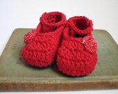 Baby Mary Janes red crochet booties with red polka dot flower accent newborn or 3-6 months