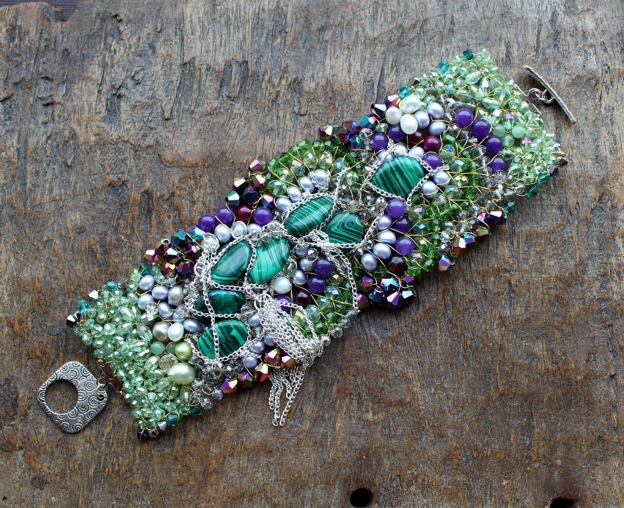 Green "Magic Forest" Cuff Wire Wrapped with Malachite and Swarovski. Example