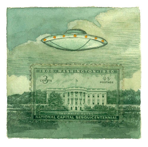 Limited Edition Print: Aliens over White House Postage Stamp Painting