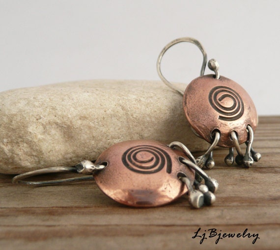 Dangle Disc Earrings,  Drop Earrings, Copper Earrings, Mixed Metal Earrings, Sterling Silver, Swirl Texture Earthy Organic Style
