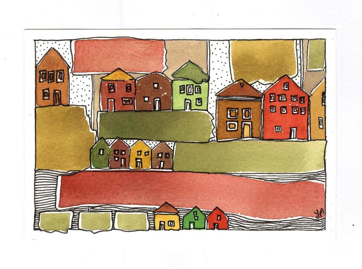 Original Art. "Autumn Houses." OOAK.Watercolor Painting. - BlueMagpieDesign