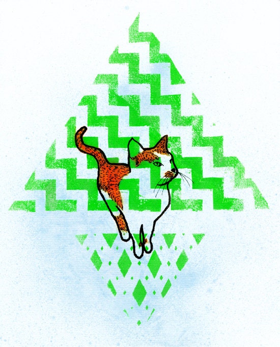 Neon Green Cat Pyramid - Limited Edition Print