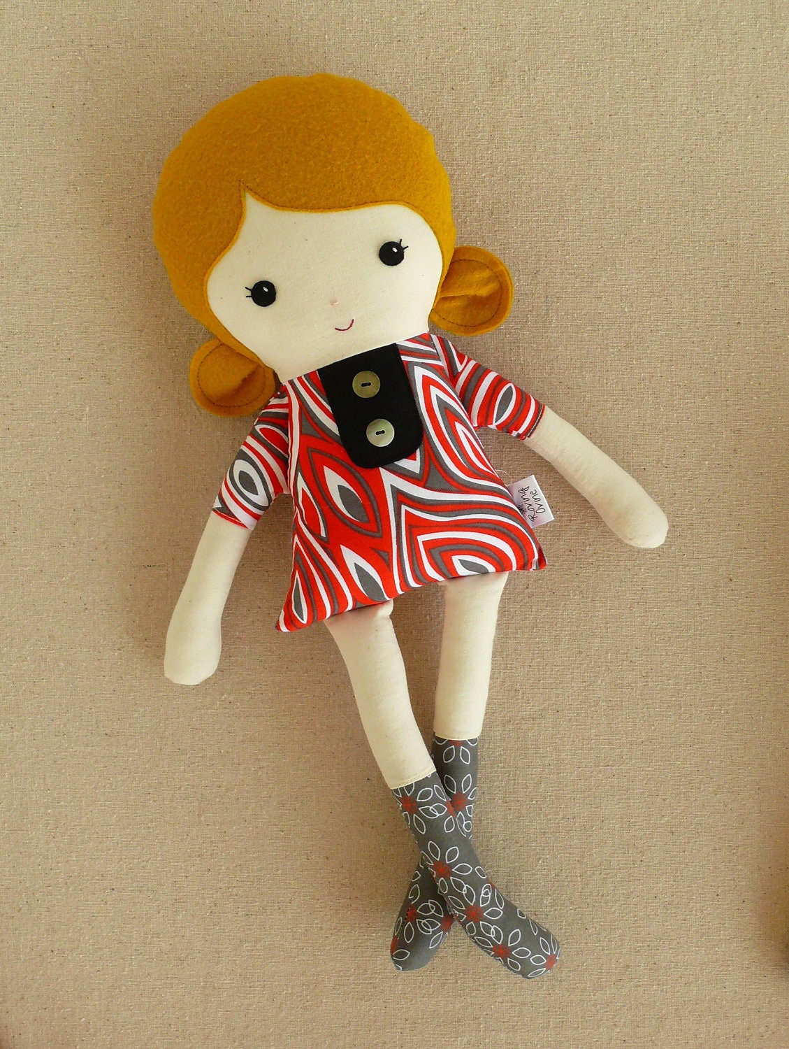 Fabric Doll Cloth Doll Rag Doll Girl with Red Swirl Dress
