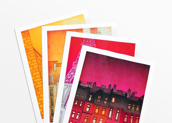 SET of any FOUR 11x14 illustrations - Fine art prints, Art Posters, Love, Paris art, Paris decor, Wall art, red