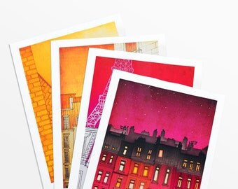 SET of any FOUR 11x14 illustrations - Fine art prints, Art Posters, Love, Paris art, Paris decor, Wall art, red