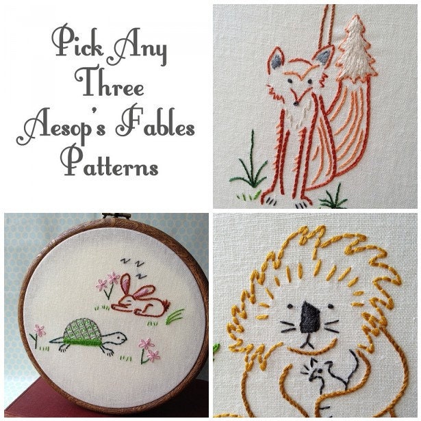 Any 3 Aesop PDF Embroidery Patterns - Aesop's Fables - Includes Color and Stitch Guide