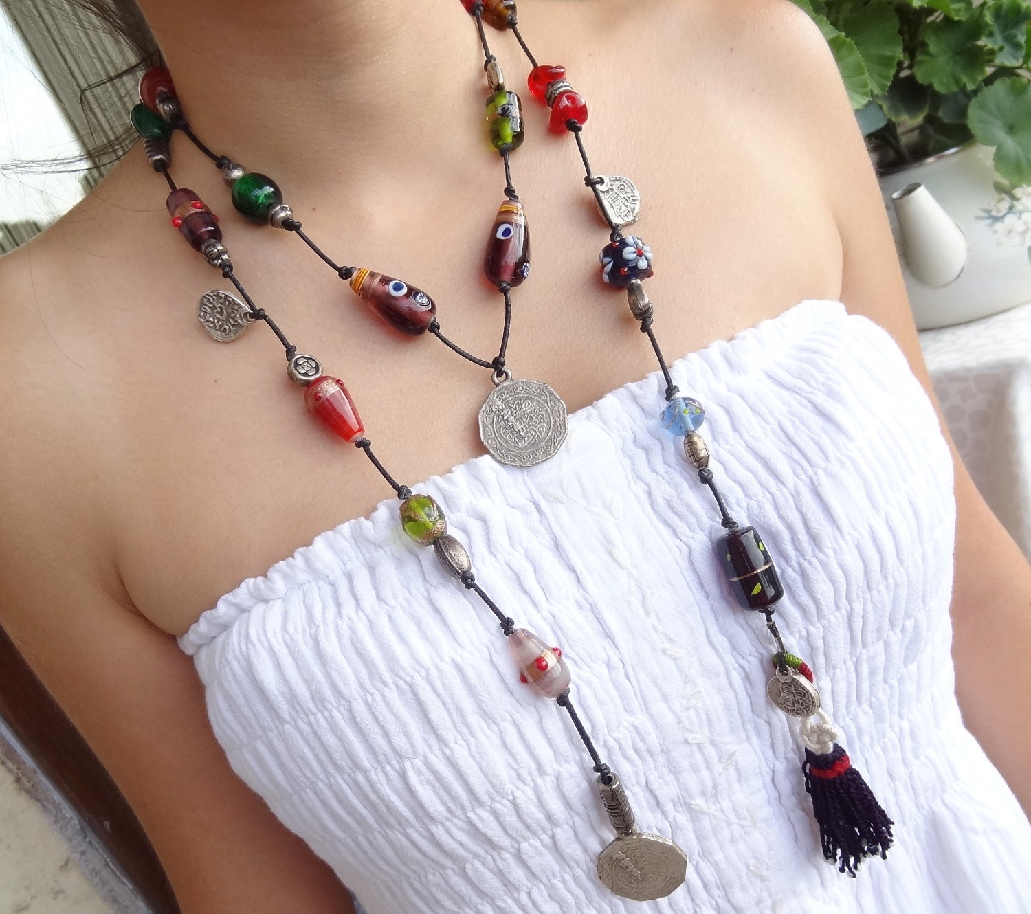 Afghan Bead Tassel Glass Beads Leather Rope Necklace or Belt-Authentic, Exotic Necklace, OOAK, Valentines,