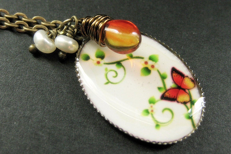 Bright Butterfly Necklace. Orange Butterfly Pendant with Glass Teardrop and Pearls. Handmade Jewellery.