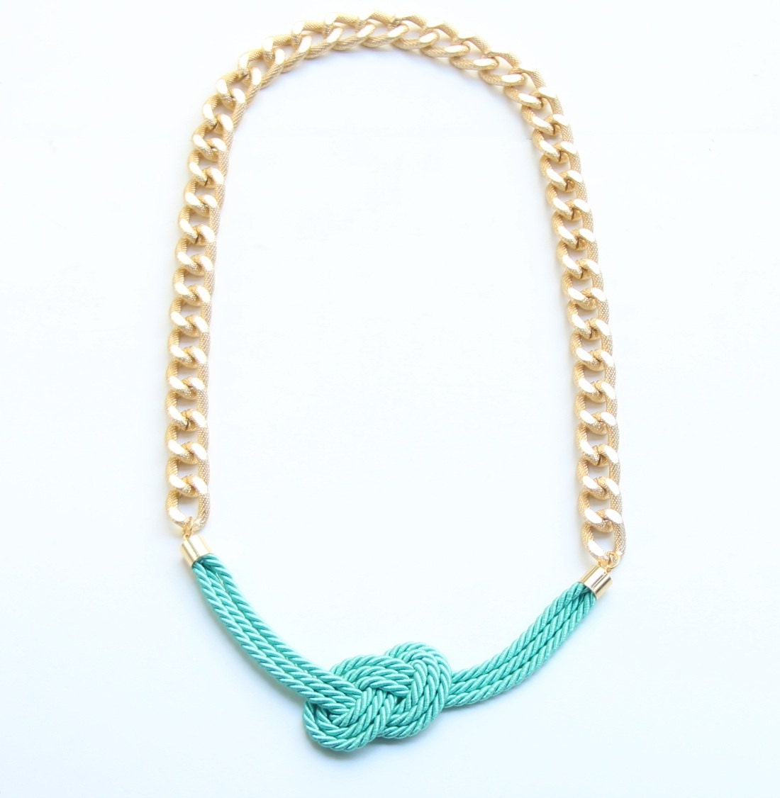 Gold Chunky Chain with mint - turquoise silk knot necklace - 24k gold plated - Statement bib