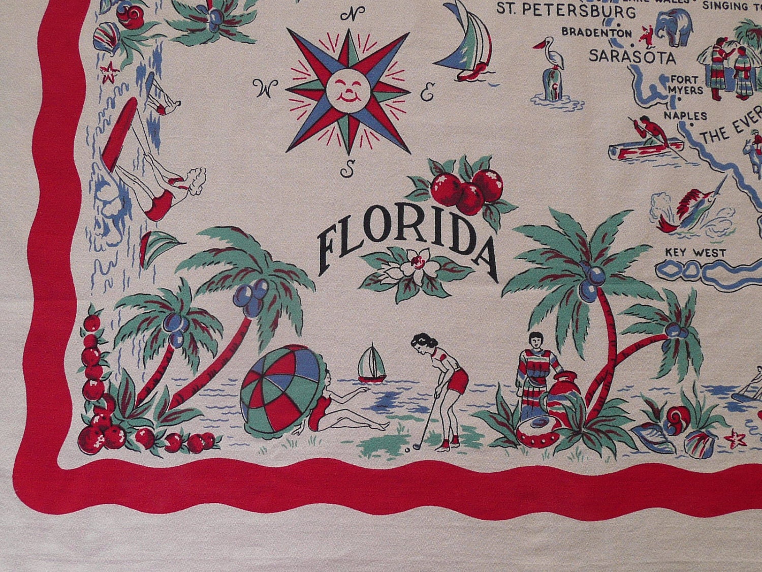 Vintage Florida State Map Tablecloth,  Pre-Disney Florida Souvenir, State Souvenir Travel Map Cotton Textile