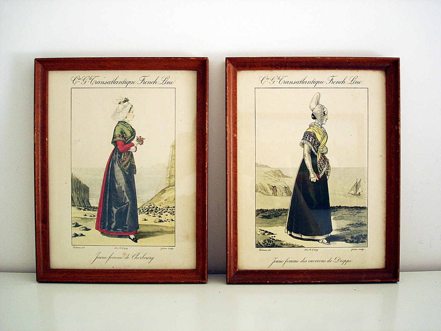 Vintage 1930s fashion prints/ set of 2/ lunch menu Liner Paris/ Compagnie Generale Transatlantique French Line/ French Costume Prints/ etch