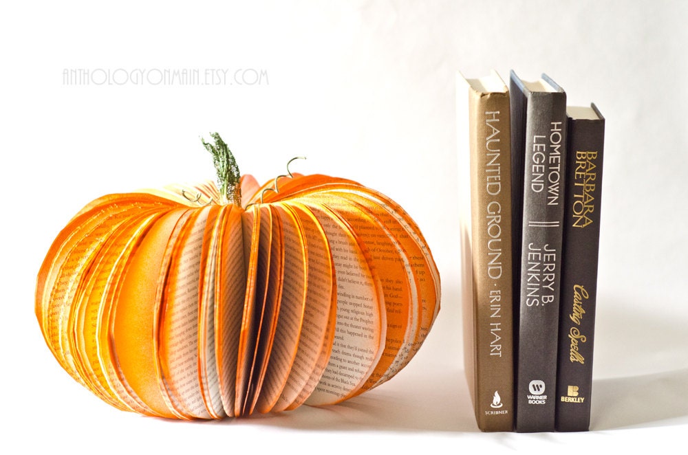 Large Book Page Pumpkin - Orange Thanksgiving Table Centerpiece Decoration - Fall and Halloween Recycled Decor Upcycled from Old Books - AnthologyOnMain