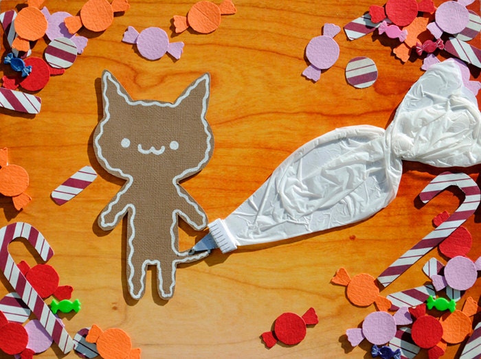 Gingerbread Cat with Candy Paper Cutout Collage Print