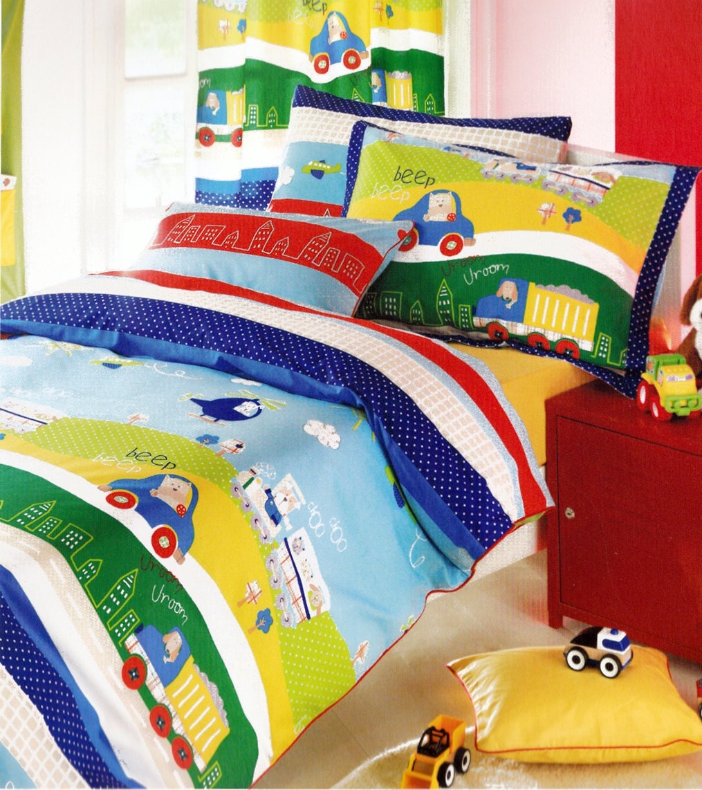Custom Twin or Single Size Dark Blue, Red Yellow Green Cars, Trucks Printed  Kid Bedding Set 4pcs