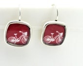 Bike Bicycle Earrings Red Bike Earrings Square Silver Lightweight Earrings