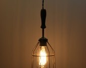 Wood Handle Industrial Hanging Pendant Light with Vintage Style Wire Cage Guard and Wooden Handle  - Hangng Lamp