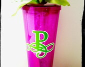 Customized Scroll initials, Acrylic, BPA Free, Double walled screw on lid with straw cup