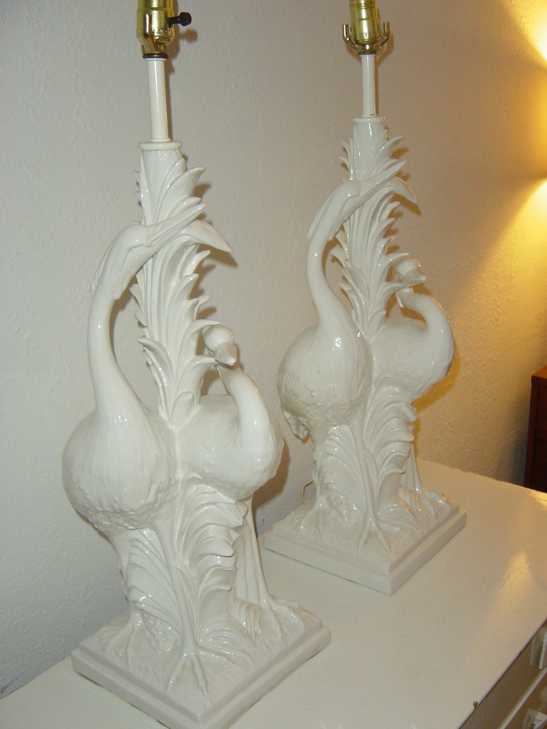 Fabulous pair of unique Vintage Egrets Palm Beach Hollywood Regency style lamps on hold.