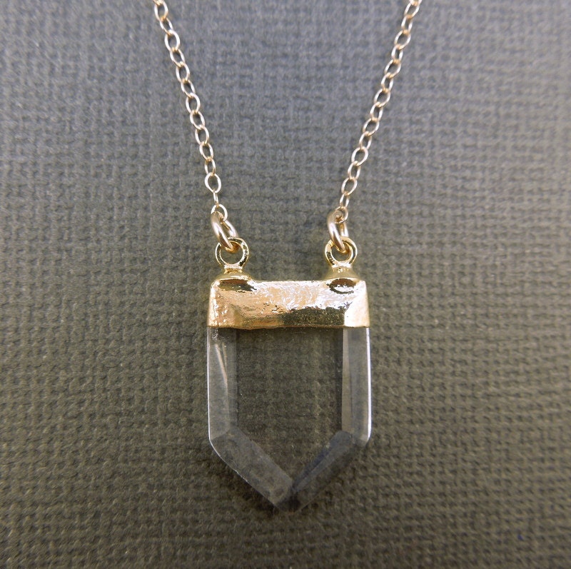 Quartz Crystal Point Gemstone Pendant with 24k Gold Cap and Double Bail on 16" Gold Fill Chain