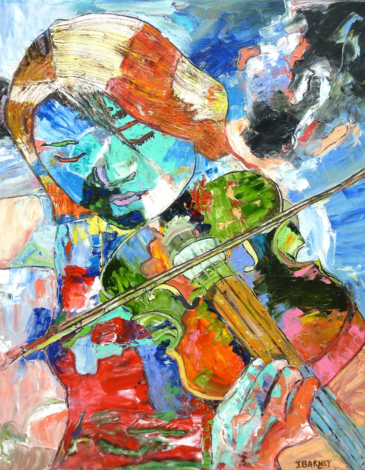 Woman Playing a Violin, John Barney Original Painting, Abstract, Music, Violin, Passion,Texture, Palette Knife