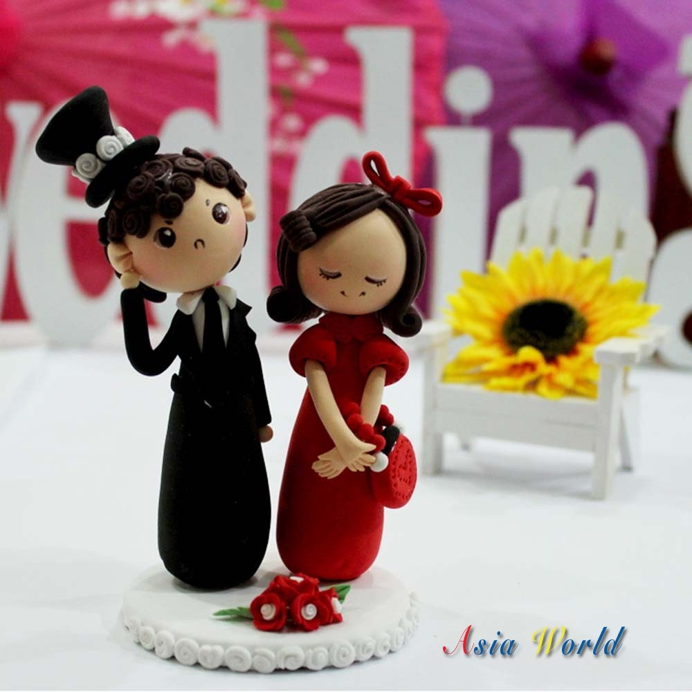 Red I DO wedding cake topper, wedding clay miniature, proposal clay doll, wedding decoration, engagement party clay figurines