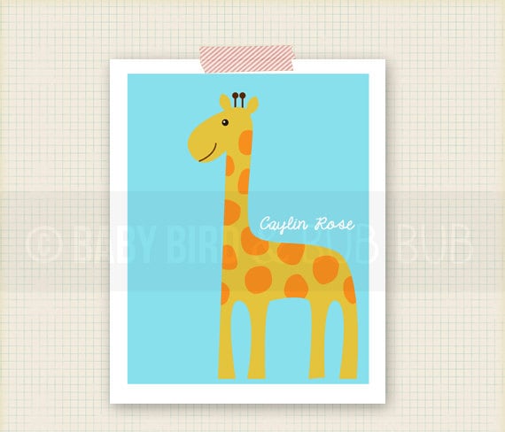 Giraffe with Personalized Name - Kids Room Art - Baby Children Nursery Custom Wall Print Poster