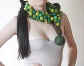 Knitted and Felted Neckwarmer, Wool, Felt balls, Bubble, Scarflette, Scarf,  Shawl, Neckpiece, Green Tones,  Unique