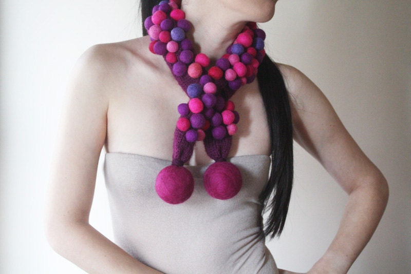 Wool Neck Warmer, Felt Scarf, Knit Scarf, Felt balls, Pink tones, Purple tones, Pompom, Neckpiece, Unique