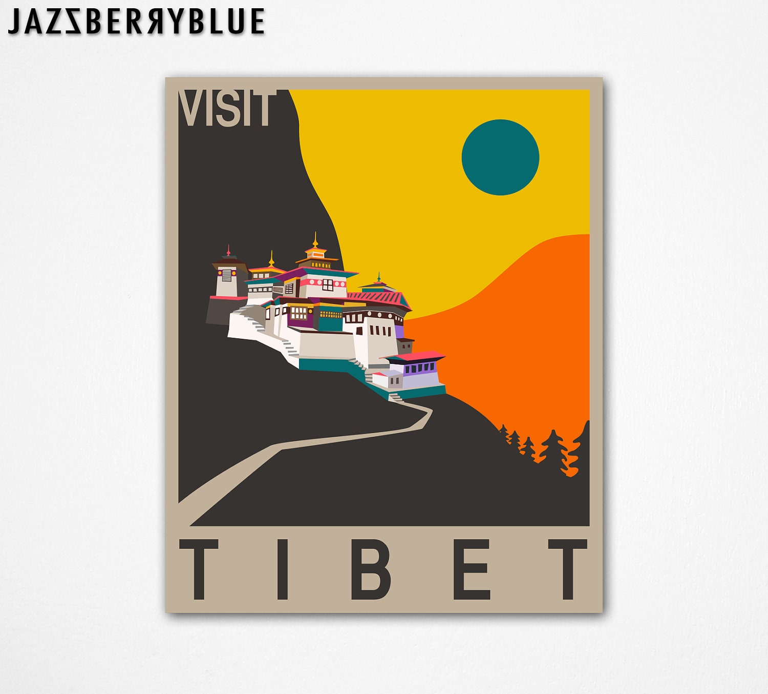 8x10 Art Print, Tibetan Travel Poster Pop Artwork for the home wall decor, 'VISIT TIBET' by Modern Artist Jazzberry Blue