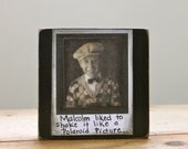 funny photo polaroid picture school boy Malcolm Portrait Art on Wood Block