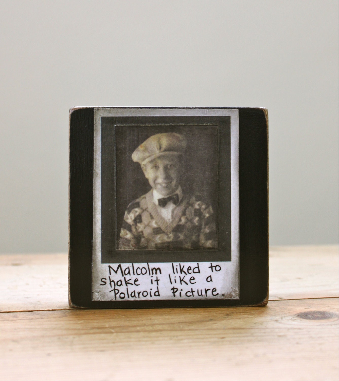 funny photo polaroid picture school boy Malcolm Portrait Art on Wood Block