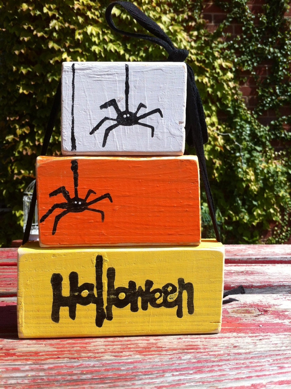Halloween Candy Corn Home Decor - Set of 3 wooden block shelf sitters