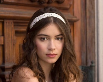 Woven Ivory Pearl Bridal Headband Headpiece Art Deco Vintage Inspired Wedding Ribbon Headband