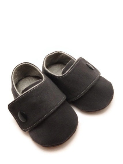 The Little Gumshoe, dark gray exterior and light gray herringbone wool interior fabric, suede soles, available to order in sizes 3-18 months