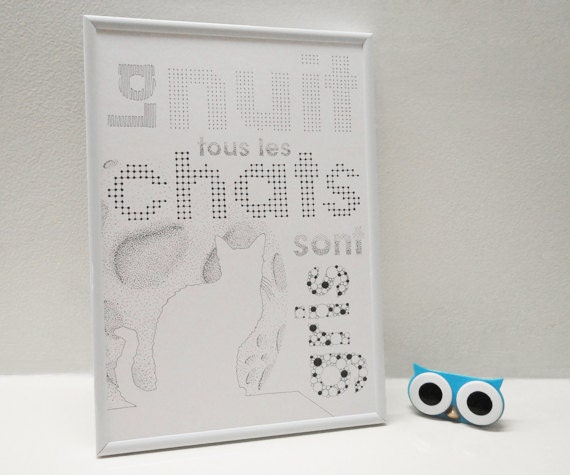 Affiche A4 - Illustration dessinée "La nuit tous les chats sont gris"
