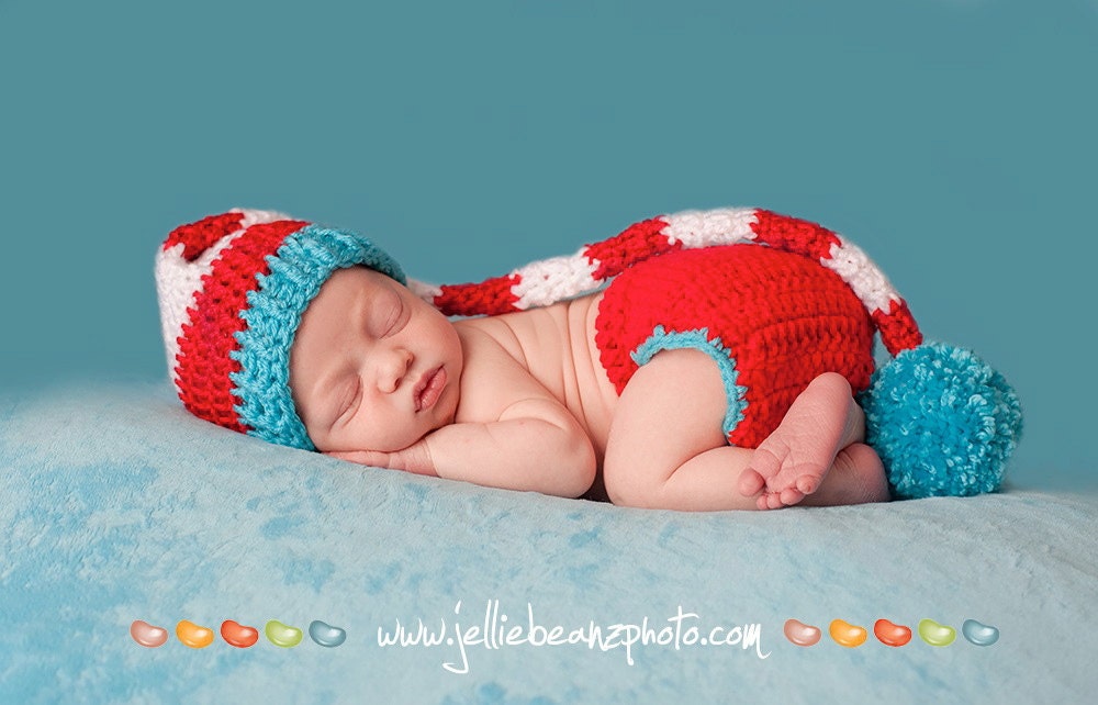 Crochet pixie elf long tail beanie hat newborn or 0 - 3 month   photography photo prop  boy or girl Dr. Seuss colors red white turquoise