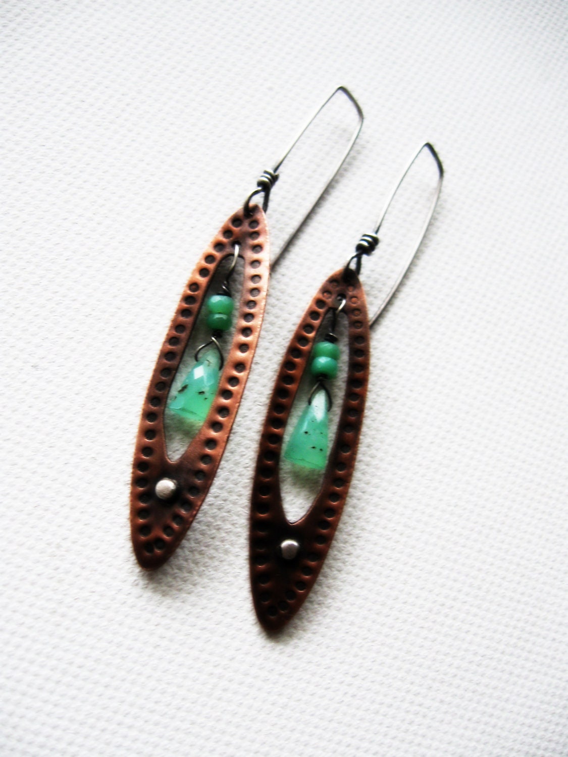 Chrysoprase Copper Earrings Leaves Leaf Mint Green Gemstone Drop Dangle Rustic Sterling Silver Balls