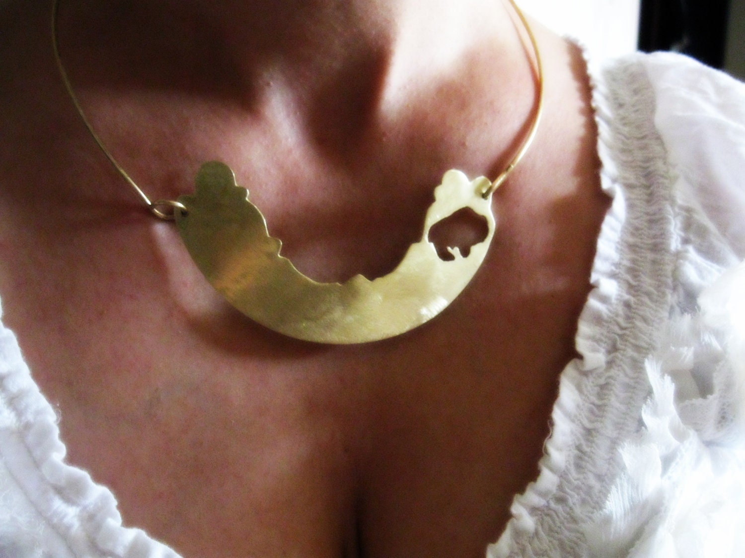 Buffalo Bison Necklace Gold Brass Choker Statement Industrial Contemporary Jewelry Breast Plate