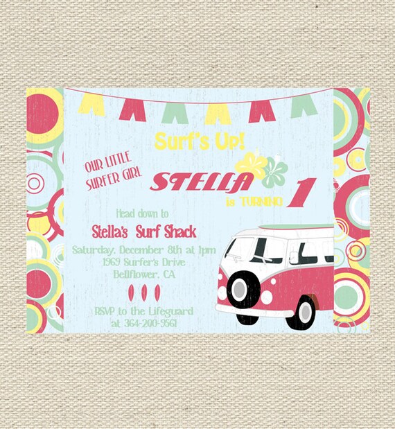 Surfer Girl Printable Birthday Invitation Retro Il_570xn