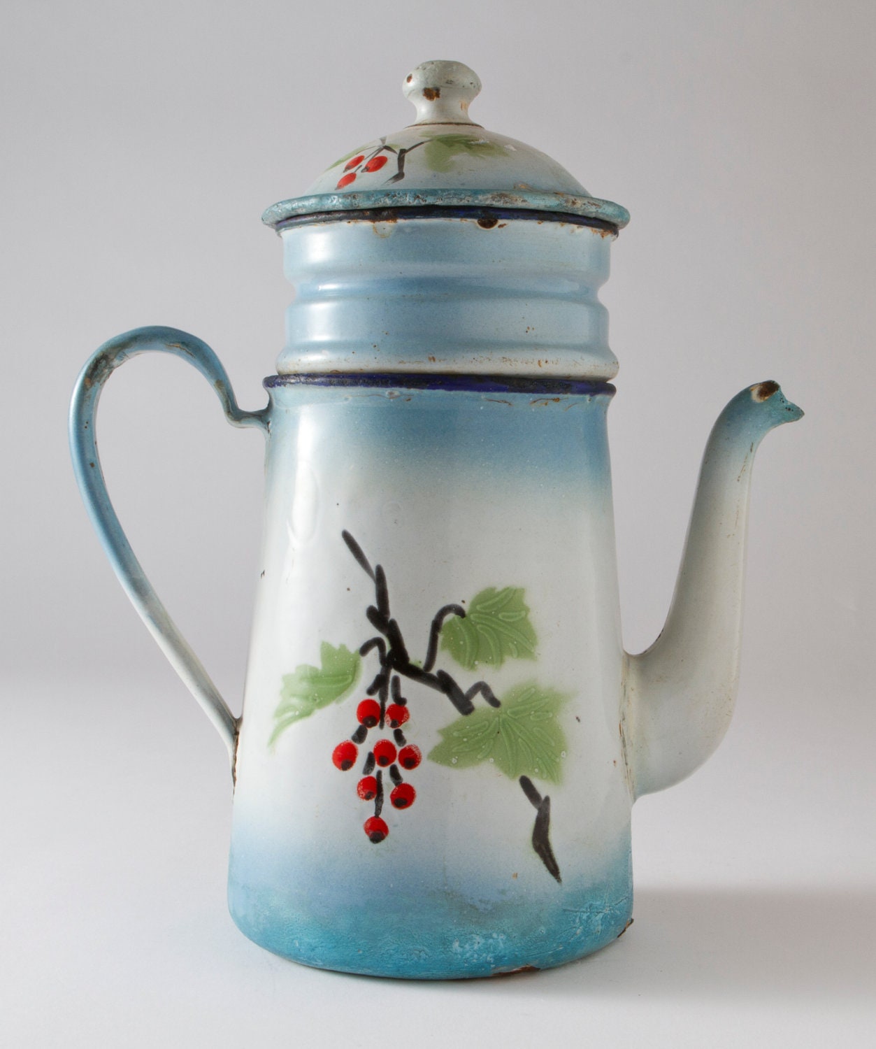 French vintage enamel coffee pot, decorative, country chic, hand painted,charming