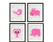 JUNE ON SALE -10% Nursery art- elephant, hippo, owl, bird ,on colorful polka dot pattern- set of 4 pieces-kids art