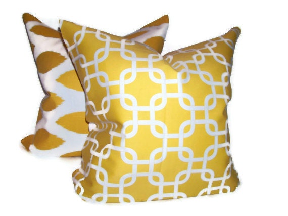 Accent Decorator Pillow Covers.Yellow.Ikat.Gatework.Lattice.Chainlink.Pillow Set.18x18 inch.Pillow Cover Set.Cushion Cover