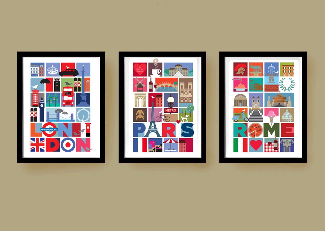 Set of Three, City Prints, London, Paris, Rome, 8 x 10 (A4), Mid century style