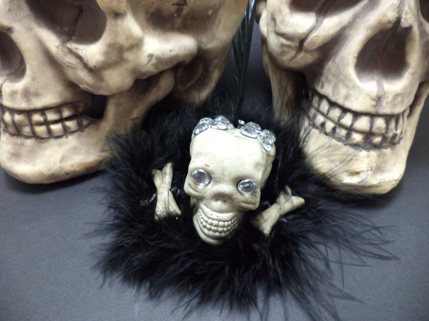 OOAK, Skull, Black, Feather, Fascinator, Hair Clip, Rockabilly, Psychobilly, Horror, Goth, Macabre, Kitsch, Pin Up Girl, Glam